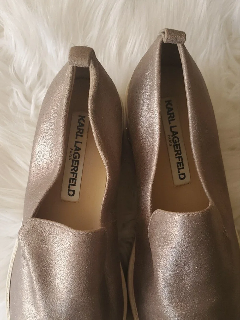 Karl Lagerfeld Metallic Bronze Slip-On Platform Loafers with White Midsole 6.5